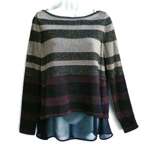 WHBM Pullover Metallic Woven Mix Stripe Split Back Chiffon Layer Sparkly M
